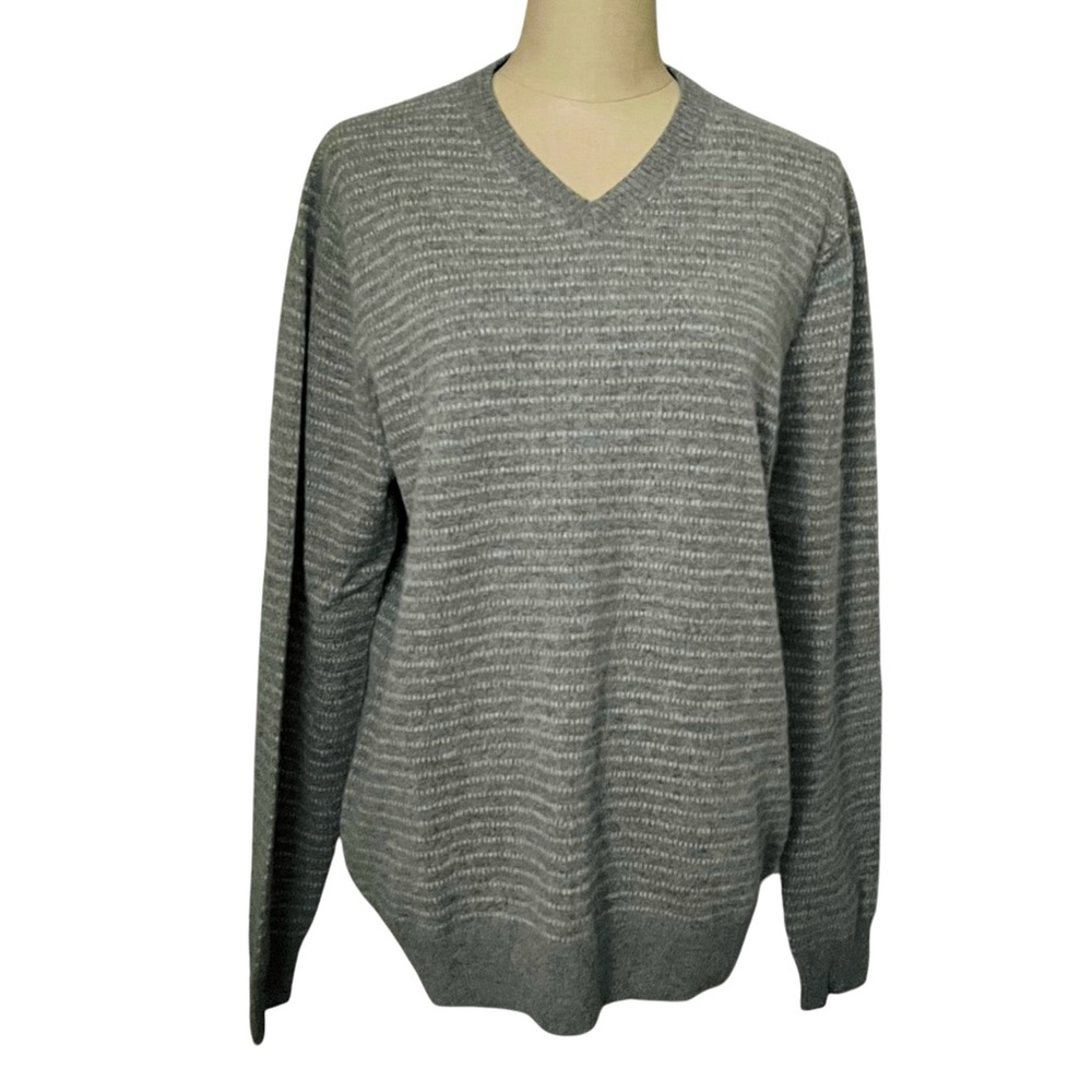 Allen Solly 100% Cashmere Sweater 2-ply V-neck Preppy Gray Stripe Designer